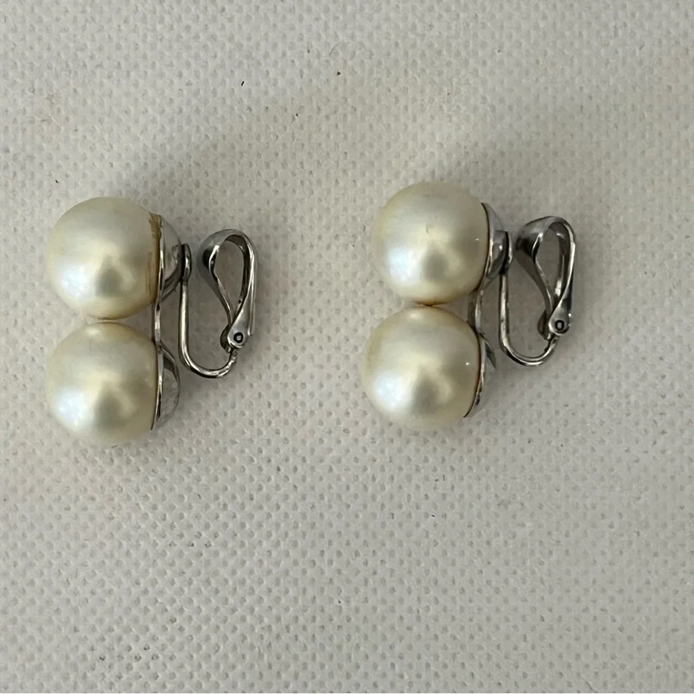 Vintage Judy Lee Large Double Pearl Silver Clip On Earrings